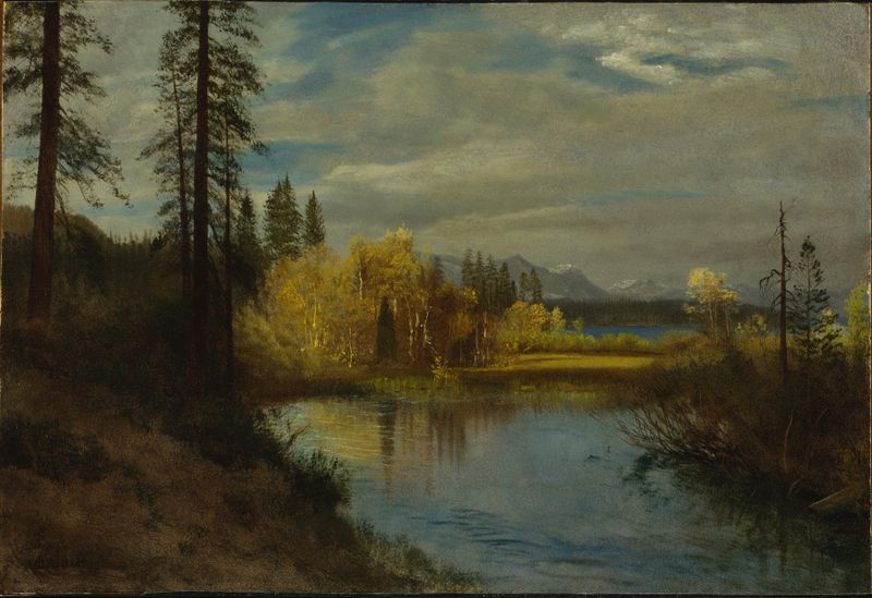 Outlet at Lake Tahoe de Albert Bierstadt, óleo de lago, montañas y costa.