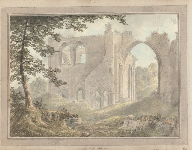 Engraving by Amos Green depicting Furness Abbey ruins in a landscape