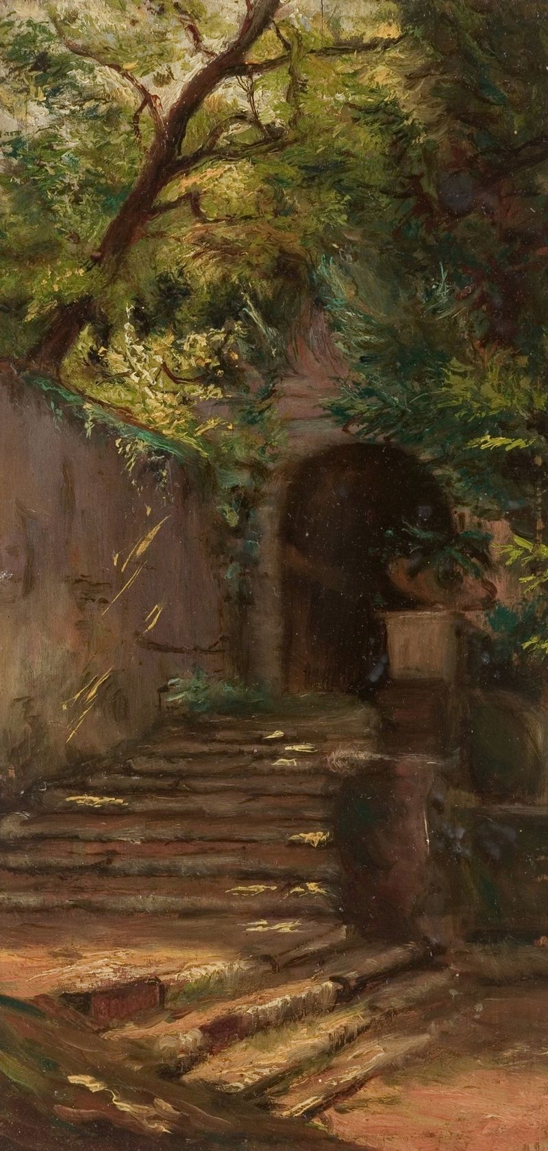 Sun-Dappled Steps de Carl-August Lebsche, impressionismo, retrata luz filtrando através das folhas em degraus desgastados