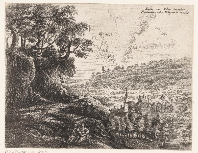 Landschap met een man, vrouw en kind, etching by Philips Augustijn Immenraet
