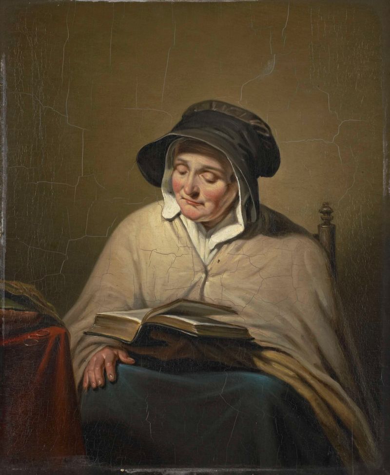 Old Woman Reading, oil on panel by Cornelis Kruseman, featuring an elderly woman reading a book.