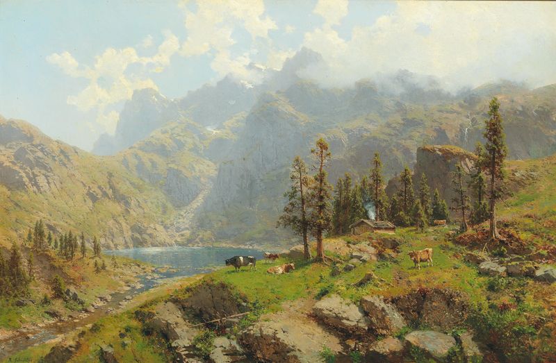 The Murgsee in Switzerland, Glaris, oil on canvas by Robert Schultze, depicting a tranquil lake.