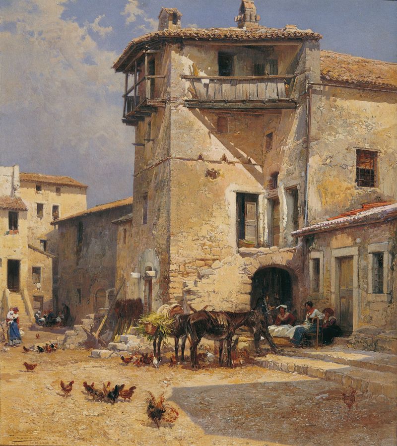 Antícoli Corrado Square, oil on canvas by Mariano Barbasán, depicting a vibrant urban landscape.