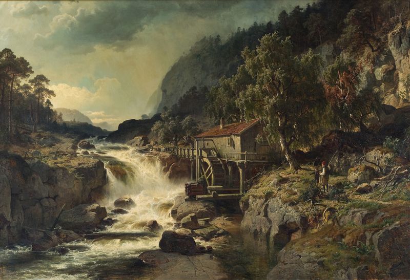 Rocky landscape with waterfall and watermill, oil painting by Edvard Bergh