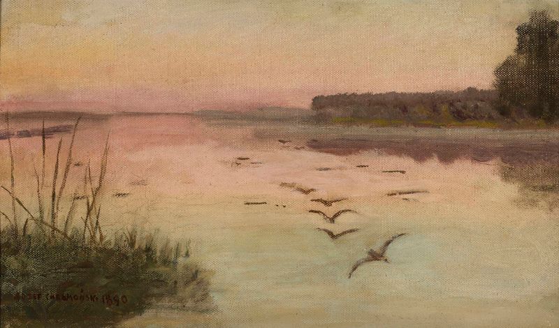 Lago ao Crepúsculo de Jozef Chelmonski, pintura a óleo que retrata uma paisagem serena ao entardecer