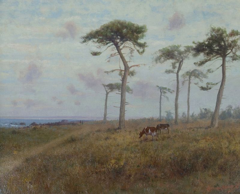Ganado pastando en un paisaje con cipreses de Monterey, pintura al óleo de Charles Dorman Robinson