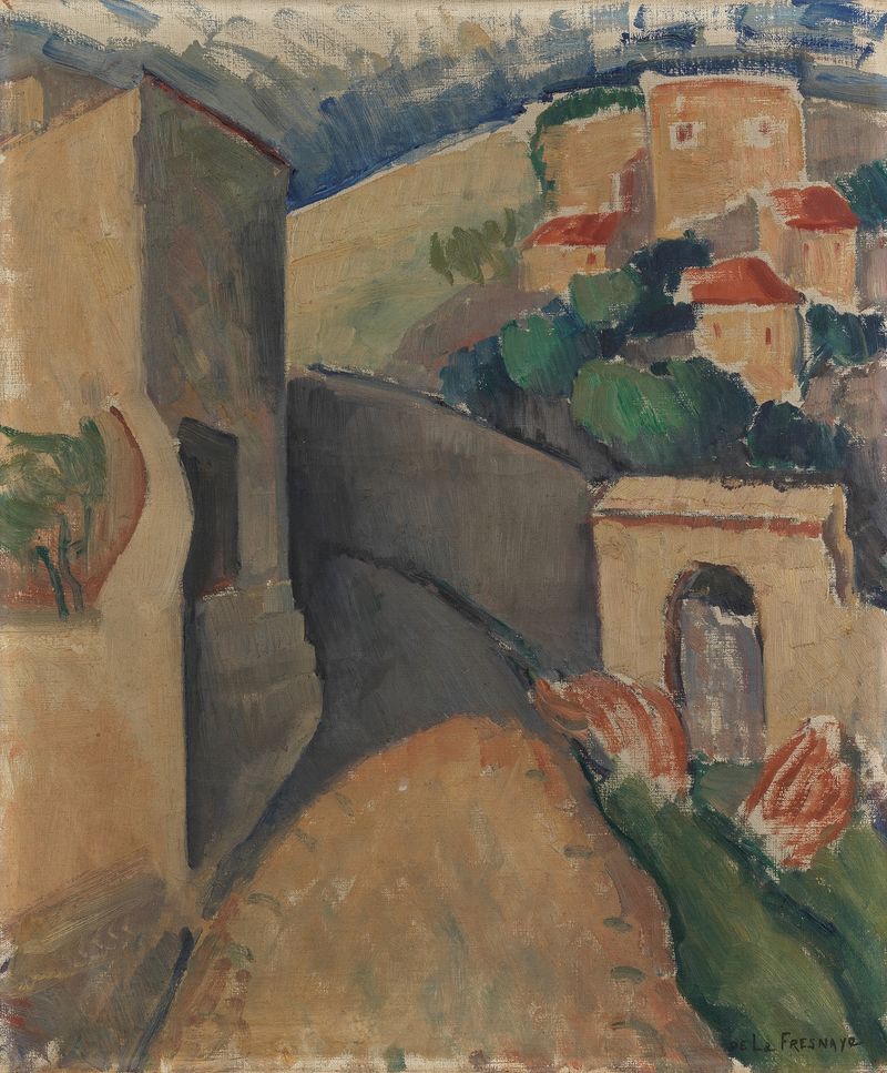 Paisagem cubista de Roger de La Fresnaye, óleo sobre tela com colinas suaves e um céu vívido.