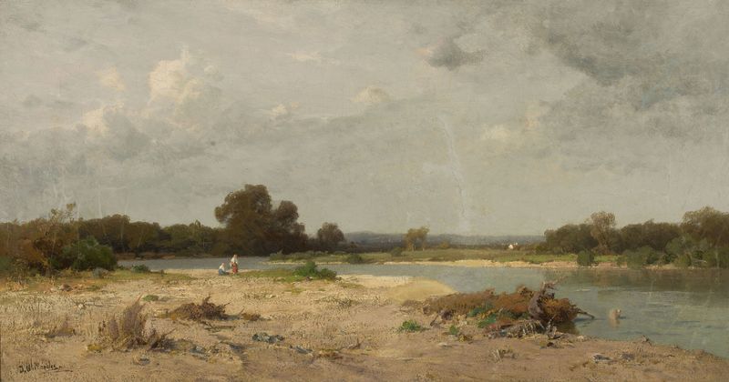 Paisagem à beira da água de Josef Willroider, pintura a óleo que retrata água tranquila e reflexos do amanhecer.
