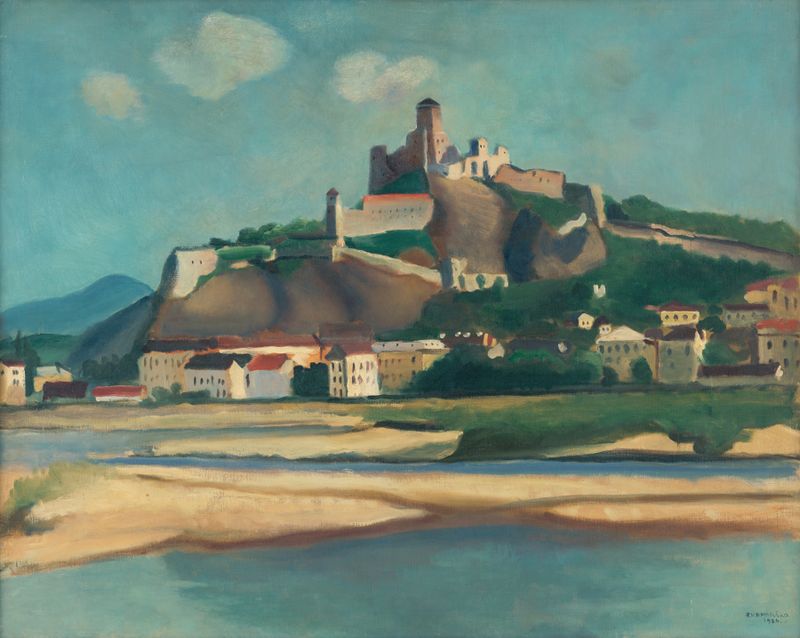 Trenčín by Rudolf Kremlička, oil on canvas depicting a muted landscape