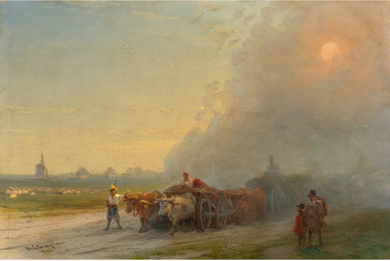 Ox-Carts In The Ukrainian Steppe de Ivan Aivazovsky, óleo sobre lienzo que muestra carretas al anochecer.