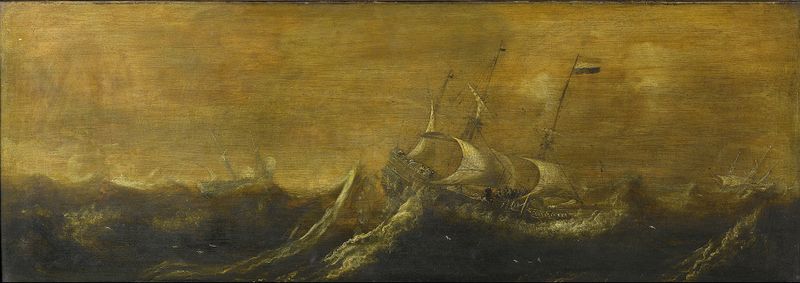 Oil painting by Andries van Eertvelt depicting ships battling stormy seas