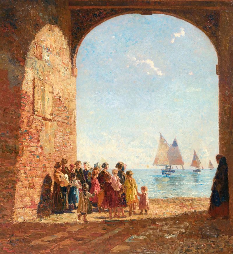 oil painting by Beppe Ciardi depicting fishermen on calm water with reflections