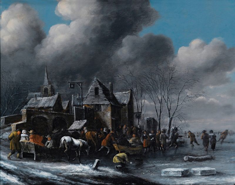 Skaters On A Frozen River by Thomas Heeremans, oil painting depicting figures gliding on ice.