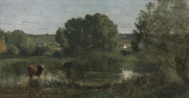 Paisagem com vegetação exuberante e água, óleo sobre tela de Jean-Baptiste-Camille Corot