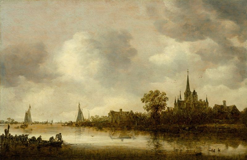 Paisagem do rio com uma igreja ao longe, óleo sobre tela de Jan van Goyen