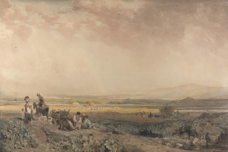Harvesters in Landscape in Sussex, watercolor on paper by Peter DeWint, depicting laborers in a wheat field.