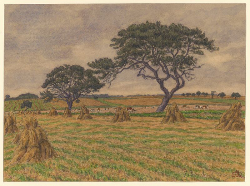 Litografía Tôtes de Henri Rivière que muestra naturaleza serena y colinas onduladas