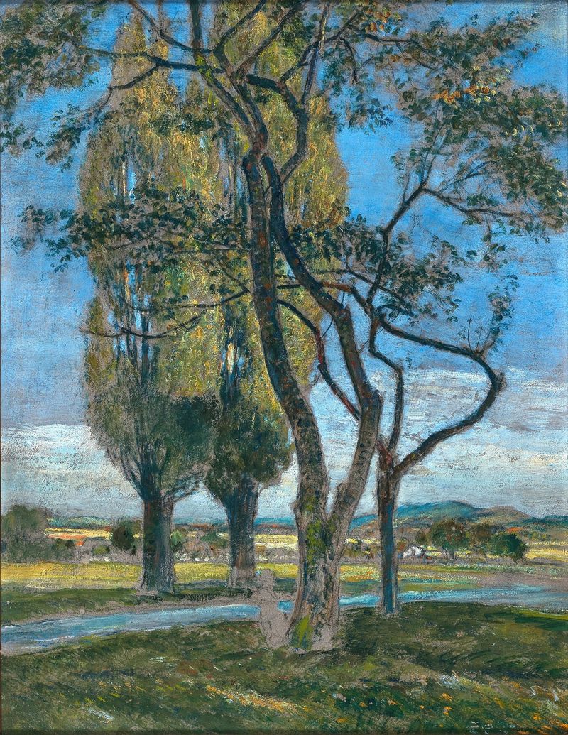 Zwei Pappeln am Weg, oil on canvas by Rudolf Ribarz, featuring tall poplars and a tranquil landscape.