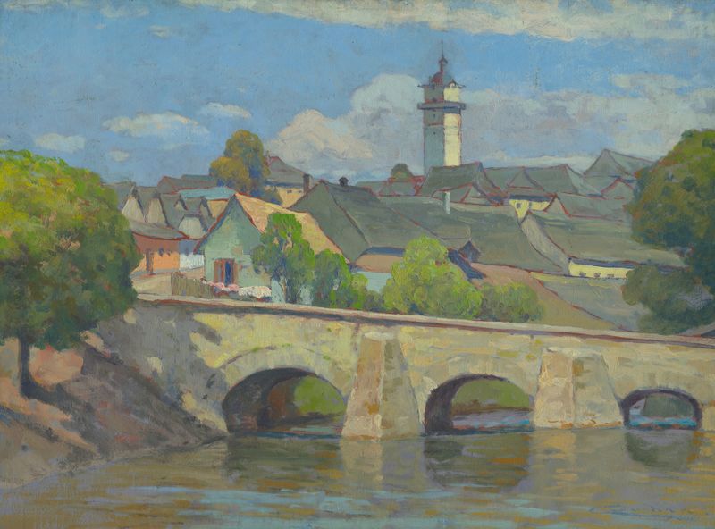 Oil painting by Ľudovít Čordák depicting a small town with warm light