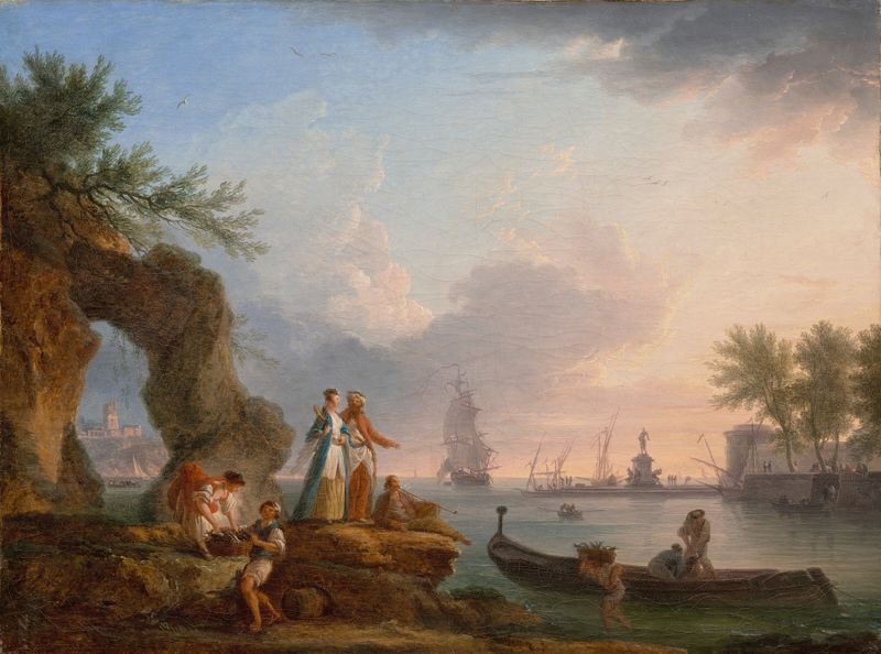 Oil painting by Claude-Joseph Vernet depicting a port at sunset with fishermen and a couple.