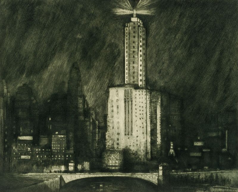 Urban landscape oil painting by Donald Shaw MacLaughlan featuring reflections on water