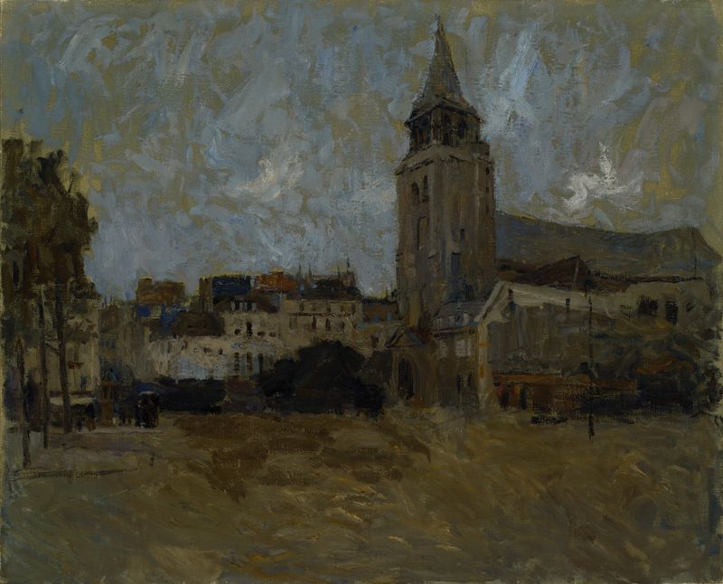 Place St. Germain des Pres de Frank Edwin Scott, pintura al óleo impresionista
