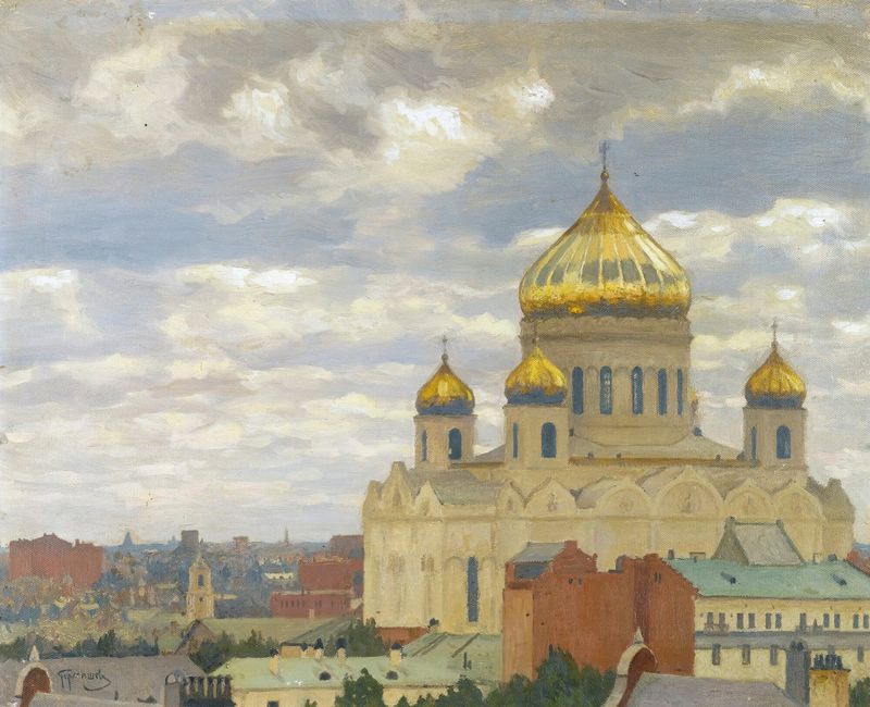 Vista de la Catedral de Cristo Salvador, Moscú de Mikhail Germachev, óleo que muestra una cúpula contra un cielo apagado.