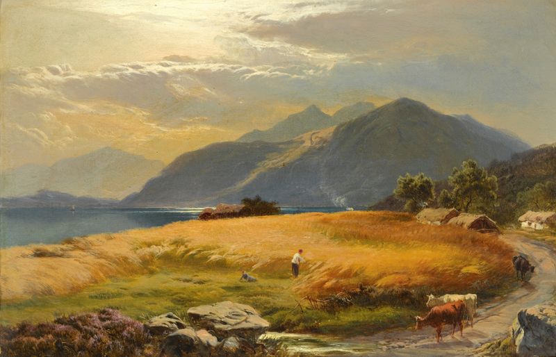 The Highland Loch de Sidney Richard Percy, óleo sobre lienzo que representa un paisaje tranquilo al amanecer.