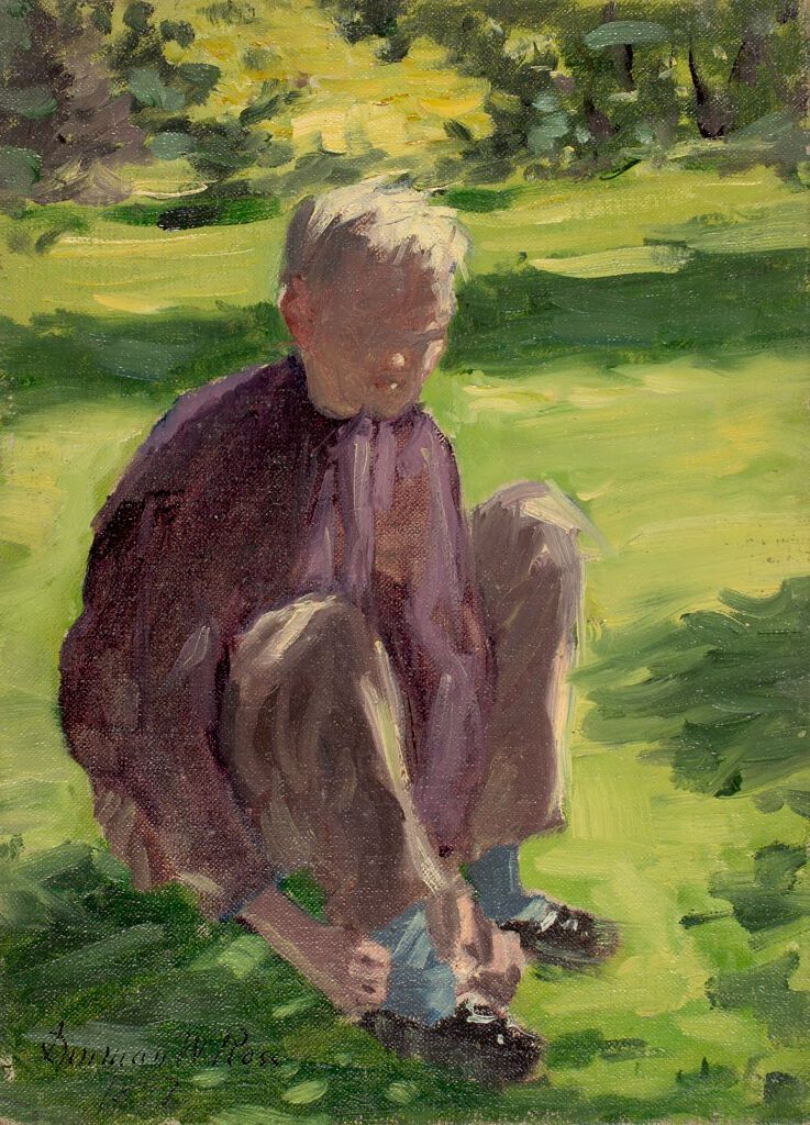 Retrato de um menino sentado na grama, óleo sobre tela de Denman Waldo Ross