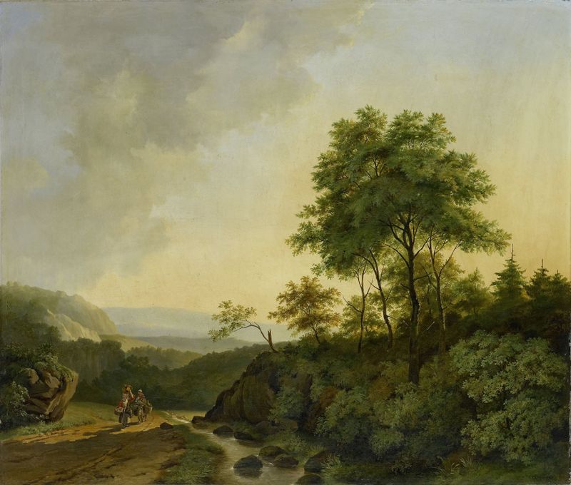 Pintura al óleo de Cornelis François Roos que muestra colinas y nubes