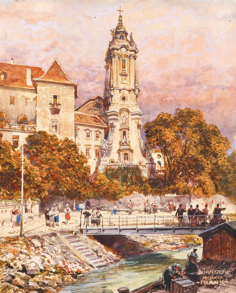 A view of Dürnstein monastery with a river and shipping pier, oil painting by Friedrich Frank