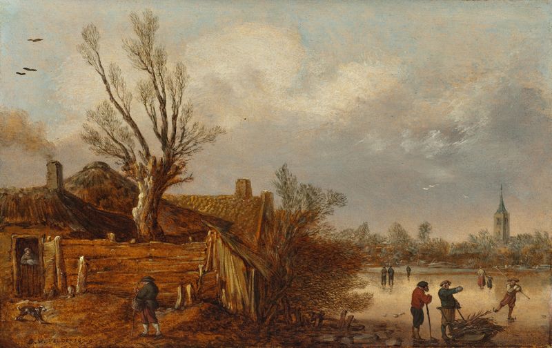 Cottages and Frozen River by Esaias van de Velde, oil painting depicting a winter landscape.
