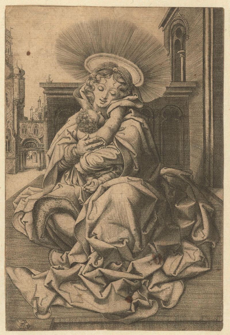 Engraving by Frans Crabbe van Espleghem depicting Madonna holding child in a garden