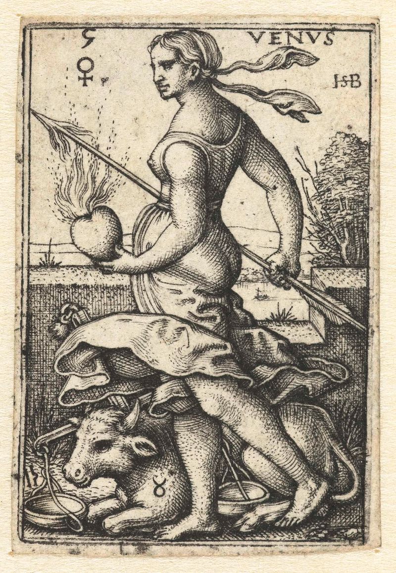 Gravura de Hans Sebald Beham representando Vênus com os signos zodiacais Touro e Libra.