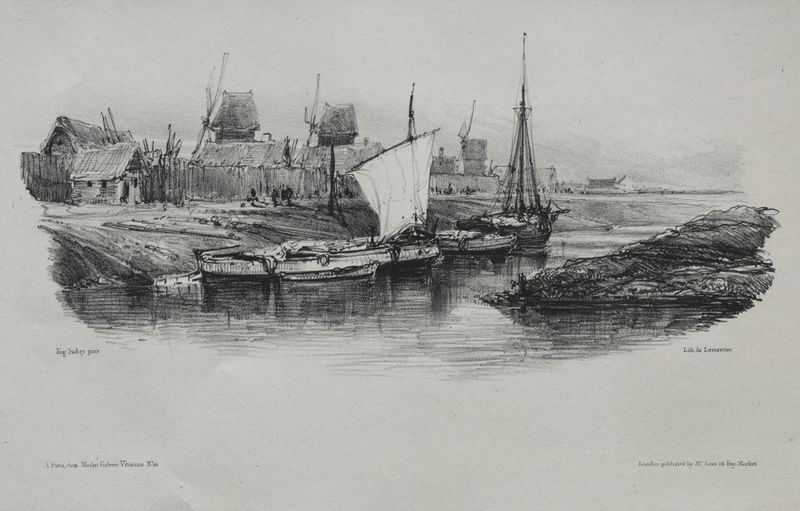 Canal Bank de Eugène Isabey, pintura a óleo que retrata uma paisagem de rio tranquila.