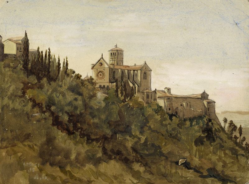 Pintura de paisagem a óleo de Arthur-Joseph Gueniot mostrando colinas e céu.