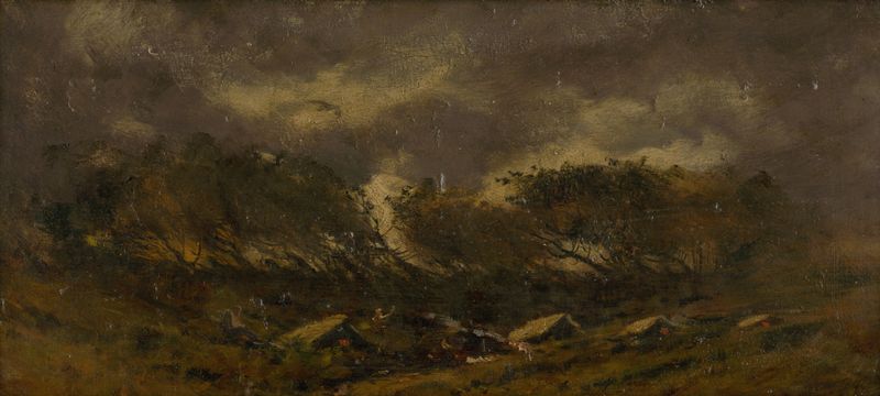 Gypsy Camp During a Storm de Ferdinand Katona, óleo sobre lienzo que muestra a nómadas acurrucados bajo un toldo durante u...