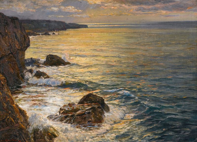 Paisaje costero de Vartan Makhokhian, impresionismo, representando un cielo y mar serenos.