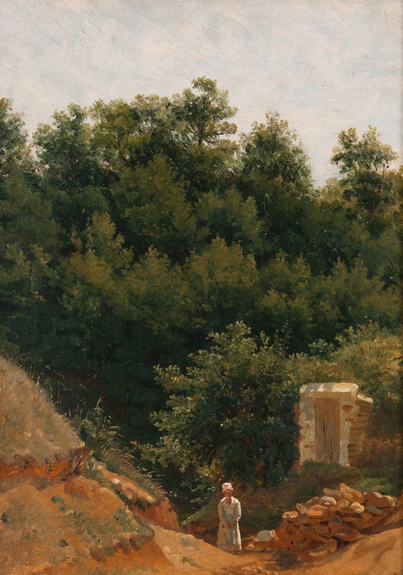 Landskapsstudie by P. C. Skovgaard, oil painting depicting a serene landscape with lush greenery and a horizon.