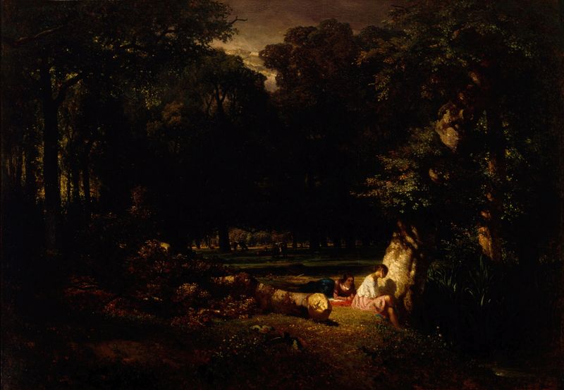 Figurative scene of bathers in a forest, oil painting by Constant Troyon