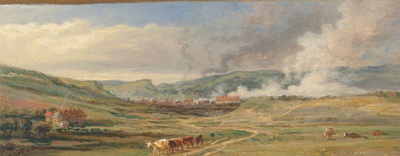 Landscape near Swansea by James Ward, oil painting showing rolling hills and a soft, fading sky.