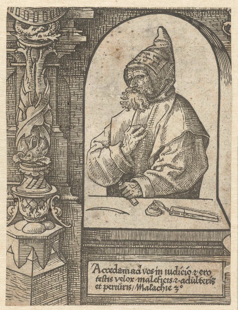 Representação religiosa do profeta Maleachi por Jacob Cornelisz van Oostsanen, meio papel