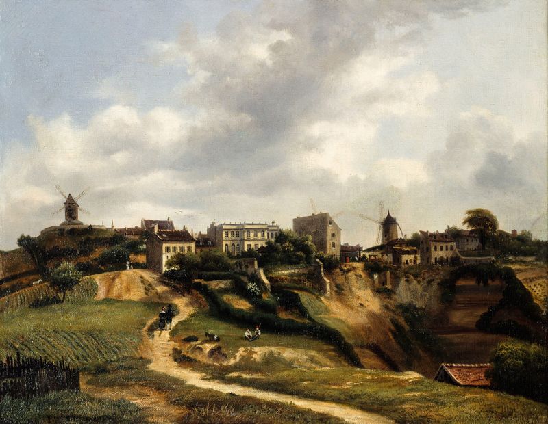 Vue de Montmartre, óleo sobre lienzo de Paul Glon Villeneuve, que muestra tejados al atardecer.