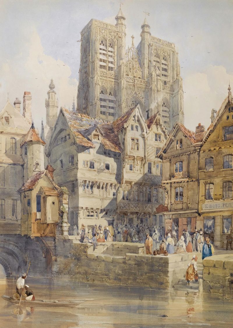 Watercolour by Thomas Shotter Boys depicting Abbeville with the Church of St. Vulfran Collegiate.