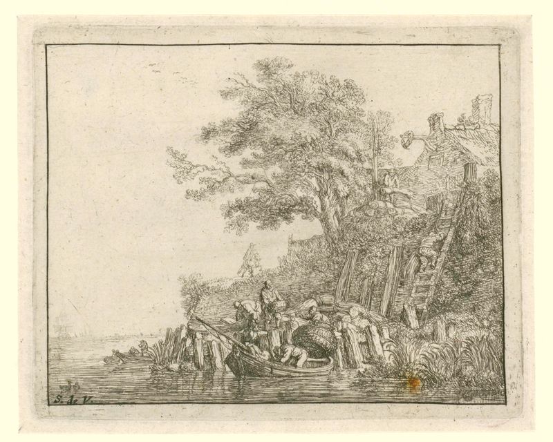 Mannen laden graanschoven in een boot, grabado de Simon de Vlieger, que representa figuras cargando gavillas en un barco.