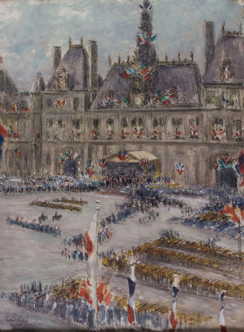 Historical scene of a parade at Hôtel de Ville, oil painting by Louis-Gilbert Bellan