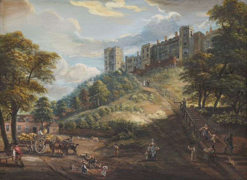 The Hundred Steps, Windsor Castle de Paul Sandby, acuarela sobre papel, con escaleras y árboles.