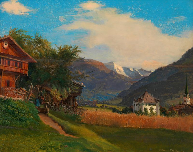 Alpine landscape with mist and mountains, oil painting by Carl Geyling