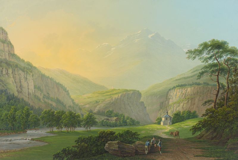 Pintura a óleo de paisagem de Johann Heinrich Bleuler the Younger com montanhas e vales.