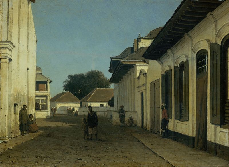Genre scene of a cobblestone street in Batavia by Jan Weissenbruch, oil painting
